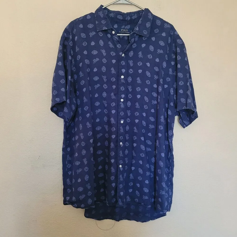 Polo Ralph Lauren SS Football Varsity Collegiate Button Up Linen Shirt Size XXL